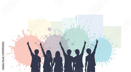 Silhouette of people celebrating with colorful splash background