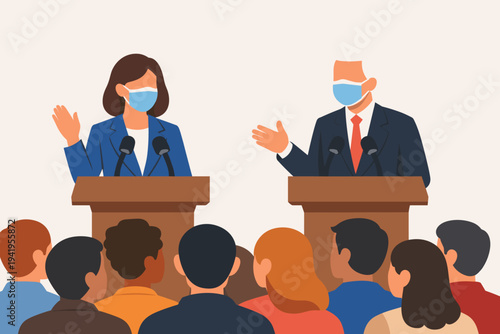 Flat vector illustration of a male and female politician wearing medical face masks during a public debate or announcement, speaking from podiums to a diverse audience in a pandemic setting.