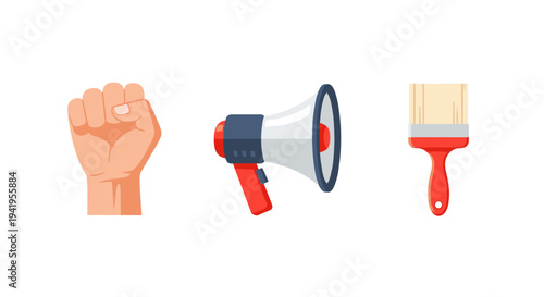 Empowerment icons: fist megaphone paintbrush in modern flat design