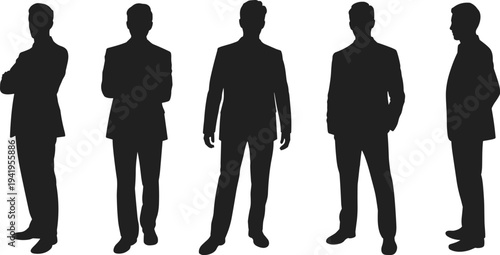 Silhouette of five professional businesspeople standing in varied poses, corporate attire, teamwork, leadership, collaboration, diversity, unity, success, office culture, workplace concept