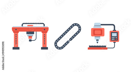 Industrial machinery icons: drill press chain link cnc in flat design