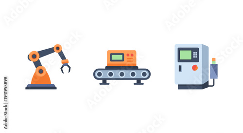 Industrial automation icons: robot arm conveyor belt control panel in