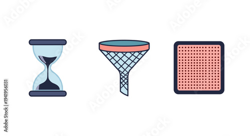 Minimalist icons: hourglass basketball hoop perforated speaker