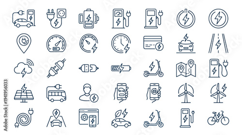 Set of 25 minimalist line art icons for sustainable energy and eco-friendly transportation on white background