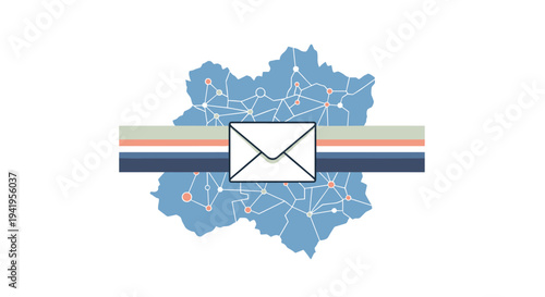 Abstract network with mail icon and striped bar on blue background