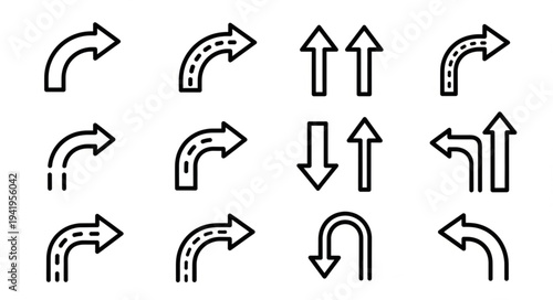 Collection of Black and White Arrow Icons for Direction and Navigation.