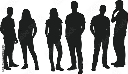 Silhouette of six diverse individuals standing in casual attire, group dynamics, diversity, unity, anonymity, communication, teamwork, social interaction, lifestyle, psychology concept