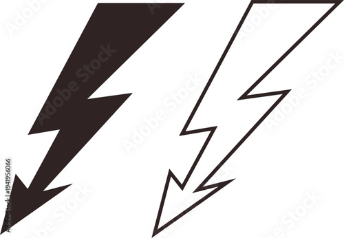 Lightning bolt icons set electric power, energy flash, thunder symbol vector silhouettes and outline shapes for electricity, storm, voltage warning sign design collection group