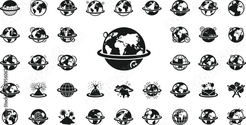Black and white globe icons set for global business and earthy themes