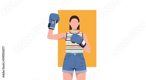 Confident woman in boxing gloves standing on yellow background