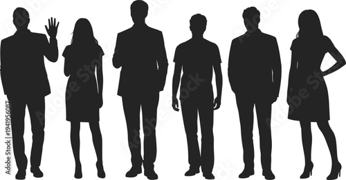 Silhouette of six diverse individuals standing side by side, casual and business attire, teamwork, unity, diversity, collaboration, communication, social dynamics, lifestyle concept