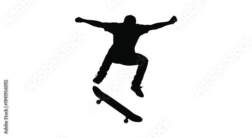 A dynamic black silhouette of a skateboarder in mid air performing a trick capturing youthful energy silhouette