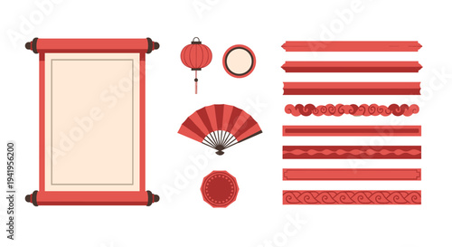 Traditional chinese decorative elements collection with scroll