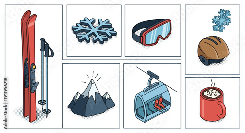 Winter sports equipment and accessories in isometric design for