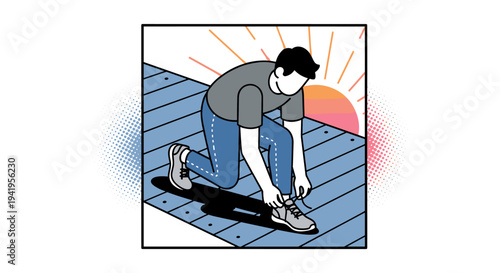 Dynamic isometric runner tying shoes at sunrise: modern fitness energy