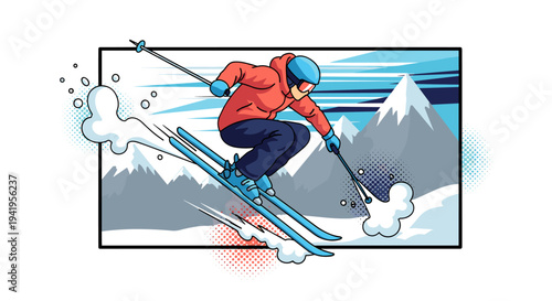 Dynamic cartoon style skier in action on snowy mountain slope with