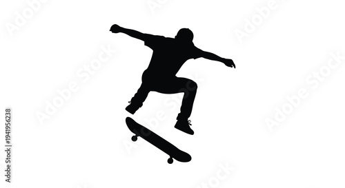 A dynamic black silhouette of a skateboarder performing an aerial trick mid jump silhouette high quality professional