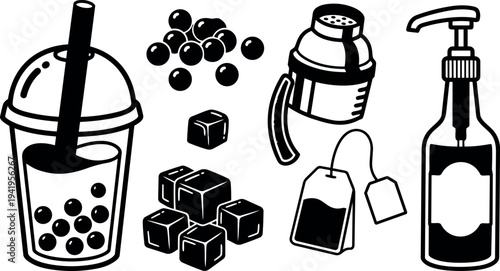 Black and white vector art of bubble tea cup with tapioca pearls ice cubes cocktail shaker tea bag and liquid soap dispenser icons