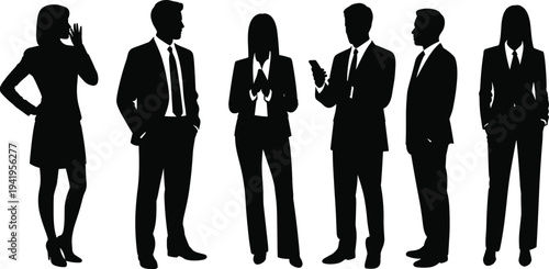 Silhouette of six professional businesspeople standing in a row, corporate attire, teamwork, leadership, collaboration, diversity, communication, unity, success, office culture, career concept
