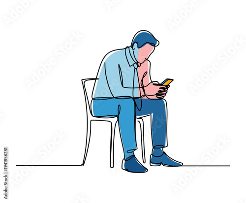 Man sitting on chair looking at smartphone in minimalist line style.