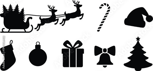 Christmas holiday silhouette icon set featuring Santa sleigh, reindeer, candy cane, Santa hat, stocking, ornament, gift box, bell and tree isolated on white background