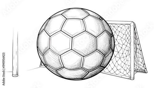 A black and white sketch of a soccer ball in front of a goal on transparent background