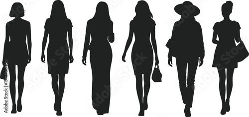 Silhouettes of diverse individuals walking forward in casual and formal attire, posture study, fashion design, diversity in clothing styles, character modeling illustration