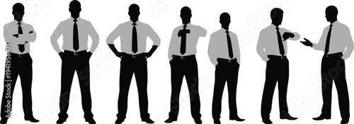 Businessman silhouette collection standing poses, professional corporate men isolated on white background, office worker leadership concept illustration