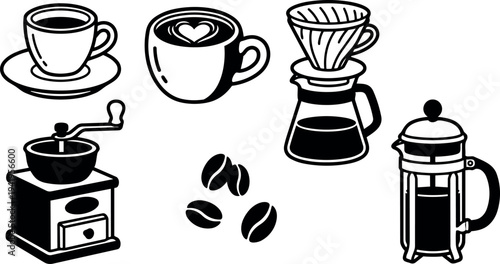 Black and white coffee set including cup with heart latte art coffee grinder french press and pour over pot vector art collection
