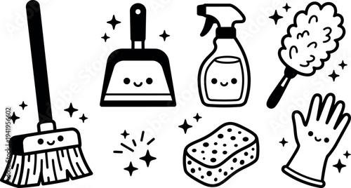 Cute black and white line art cleaning tools collection with broom dustpan spray bottle duster sponge and glove icons