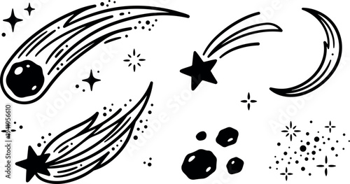 Hand drawn black and white space elements with comets stars moon and asteroids simple vintage style set