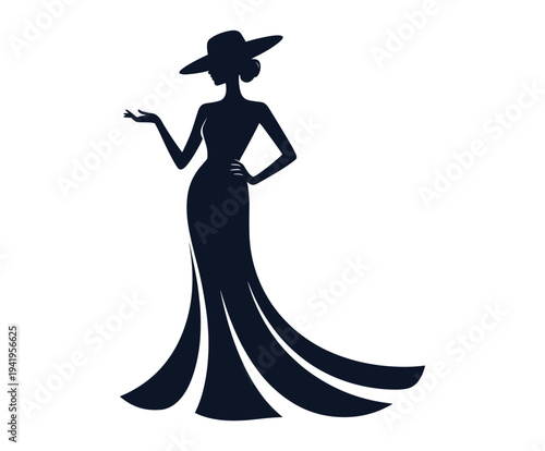 Silhouette of woman in gown and wide brim hat female dress.