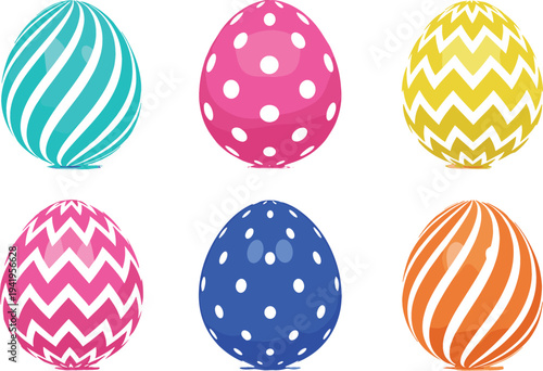 Colorful Easter eggs collection with decorative patterns including stripes, dots and zigzag designs for spring holiday celebration illustration set
