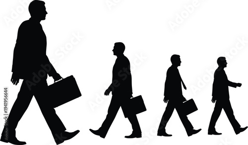 Businessman walking silhouette set, professional man with briefcase isolated on white background, corporate worker movement concept illustration collection