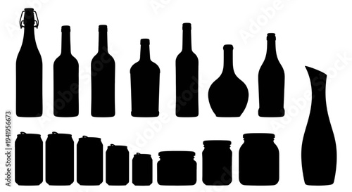 Silhouettes of various bottles and jars on white background bottle silhouette jar container wine beer