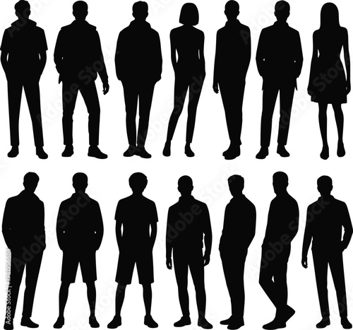 Silhouettes of diverse men and women standing in various poses, casual and formal clothing styles, fashion design, posture study, character modeling illustration