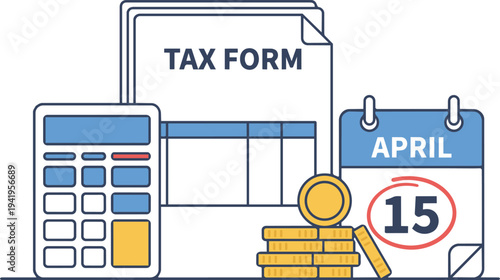 Tax Filing Deadline: This image shows tax documents, a calendar marked April 15, coins and calculator symbolizing the financial year ending and tax season.