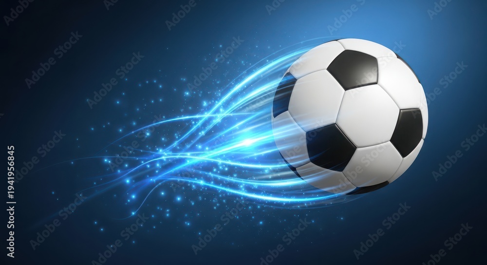 Fototapeta premium A soccer ball flying through the air with a trail of blue light behind it.