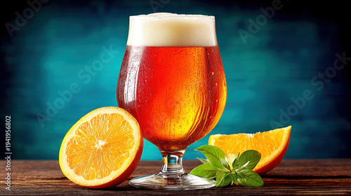 A glass of Blue Moon beer w...