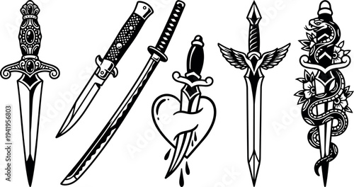 Black and white line art detailed daggers and swords with heart bleeding and snake wrapped elements for tattoo design