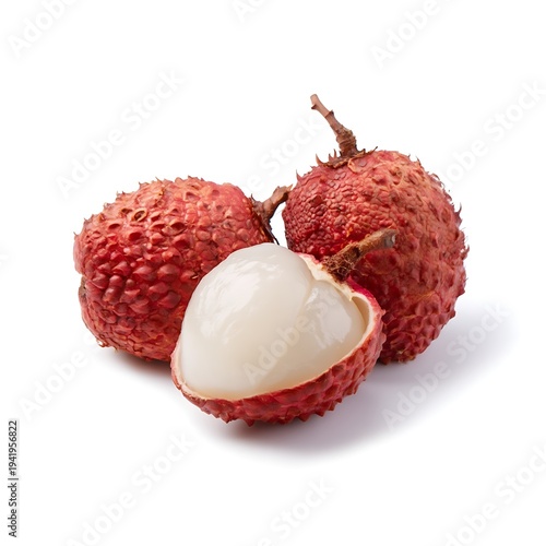 Fresh and succulent tropical lychee fruits, ripe and juicy, with one expertly peeled to reveal its glistening, translucent white flesh and dark seed, isolated against a pure white background