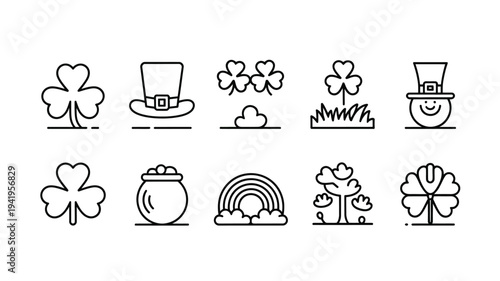 St Patrick’s Day Line Icon Set with Shamrock, Rainbow and Leprechaun Symbols