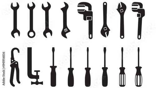Tools black silhouette icons including wrenches, pipe wrench, clamp, and screwdrivers for mechanic or DIY projects