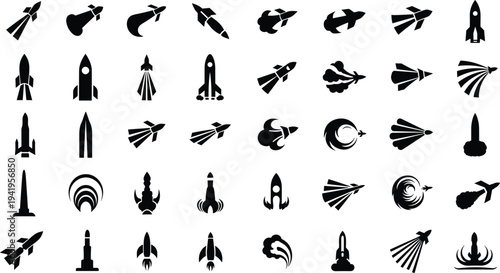 Collection of modern black rocket ship icons in various styles