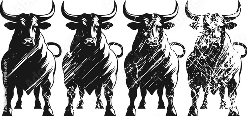 four distressed black bull silhouettes in progressive fading on white background