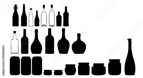 Collection of various bottle and jar silhouettes on white background silhouette icon black container wine