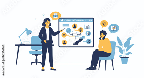 Vector illustration of business people interacting with digital screen and icons