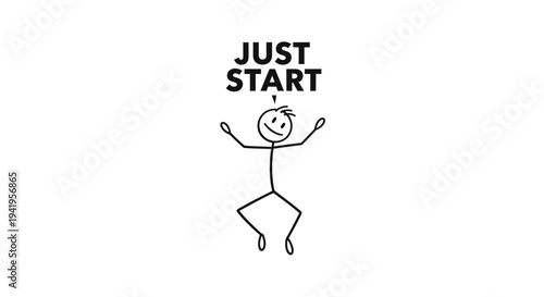 Motivated Stick Figure Jumping with Just Start Text, Isolated White Background