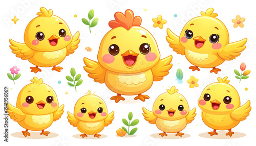 A colorful illustration of seven happy cartoon chicks and flowers on transparent background