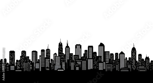 Black and white city skyline silhouette with various skyscrapers and high rise buildings skyscraper urban